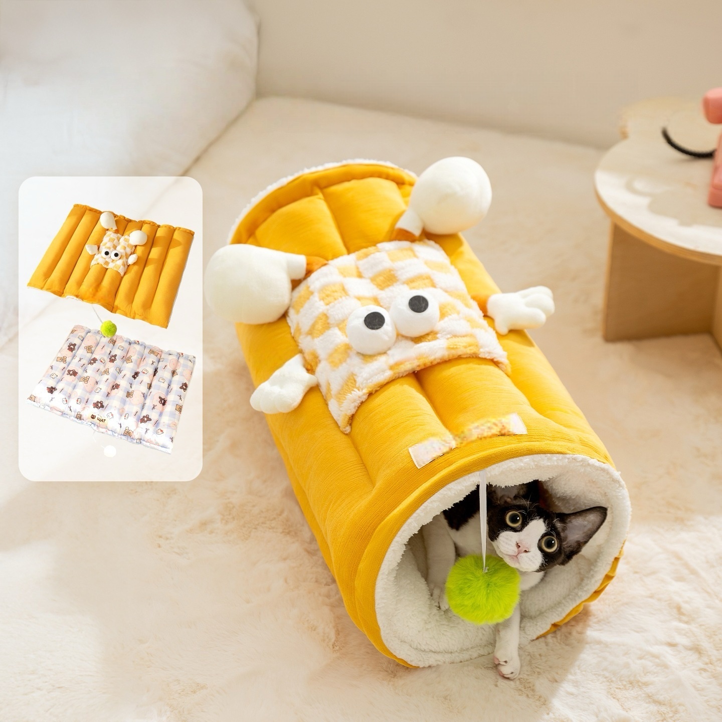 Cozy Pet Tunnel Bed - Thickened 2-in-1 Play & Sleep Cushion, Cartoon Big-Eye for Cold Seasons