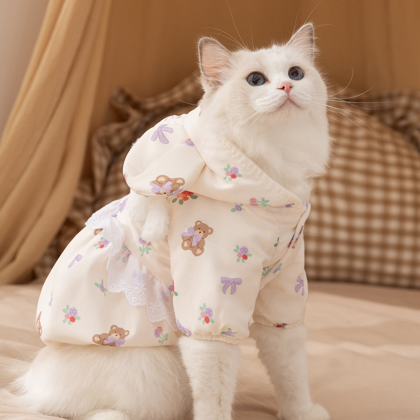 Cute Bear-Print White Cotton Coat - Thickened Two-Legged Cat Clothing 