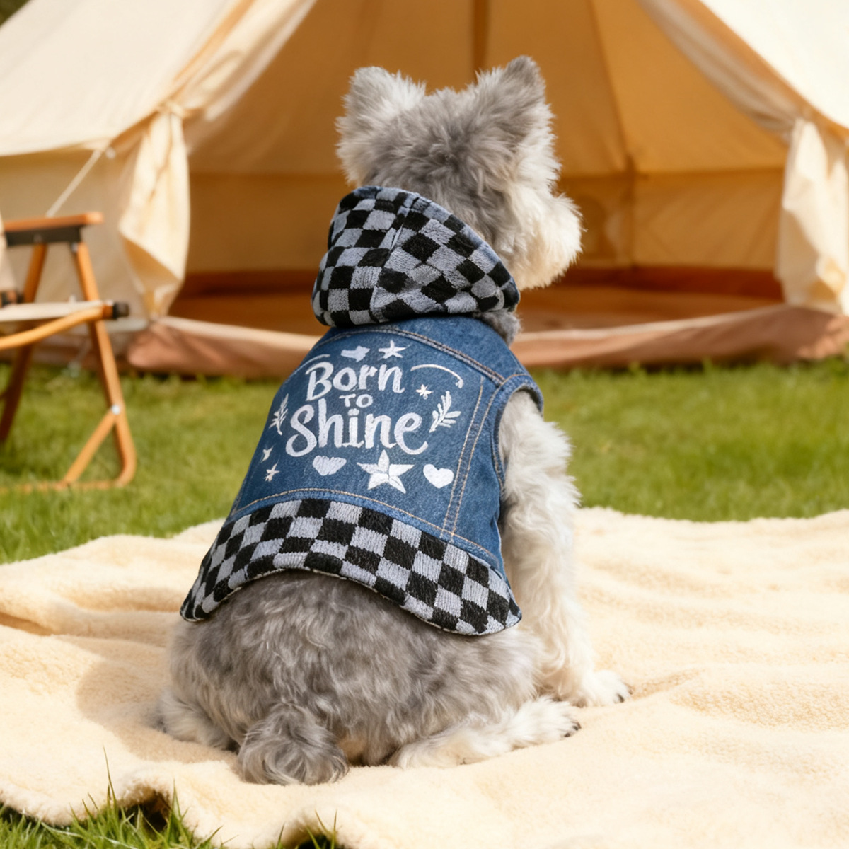 Bellepaw Pet "Super Star" Checkered Hooded Denim Vest
