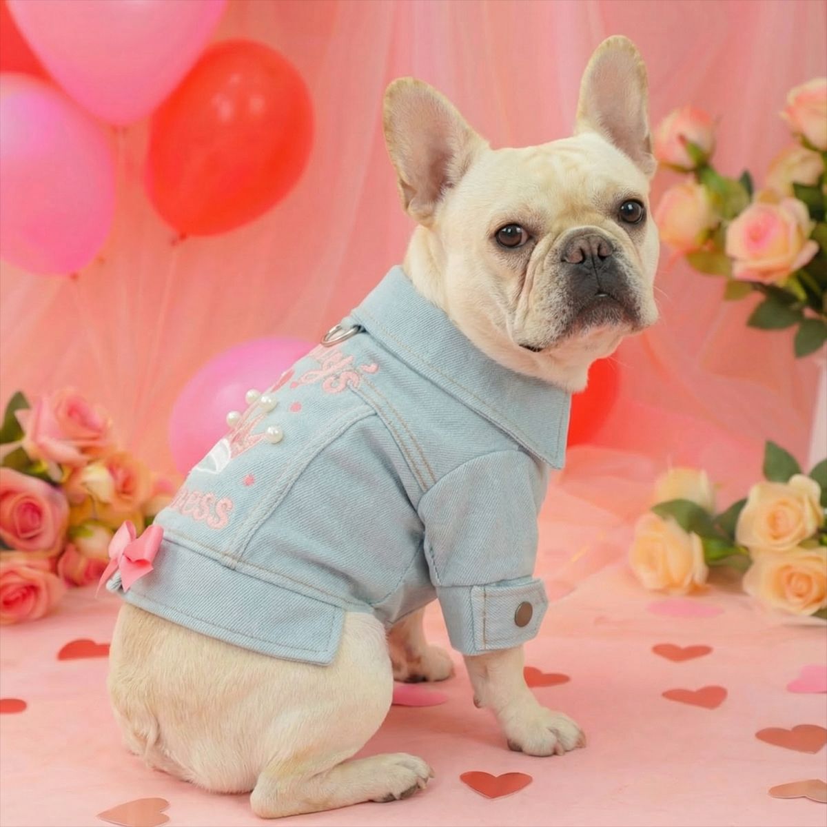 Bellepaw Pet Light Denim Jacket - "Daddy's Princess" Embroidered Design with Crown & Pink Bow Accents