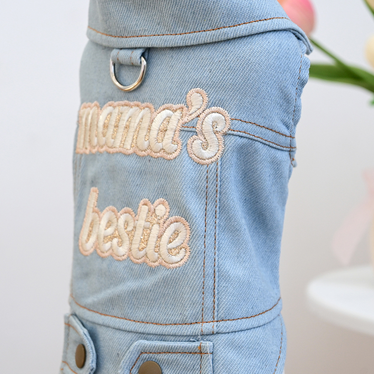Bellepaw Pet Light Denim Vest - "Mama's Bestie" Embroidered Design with Leash D-Ring