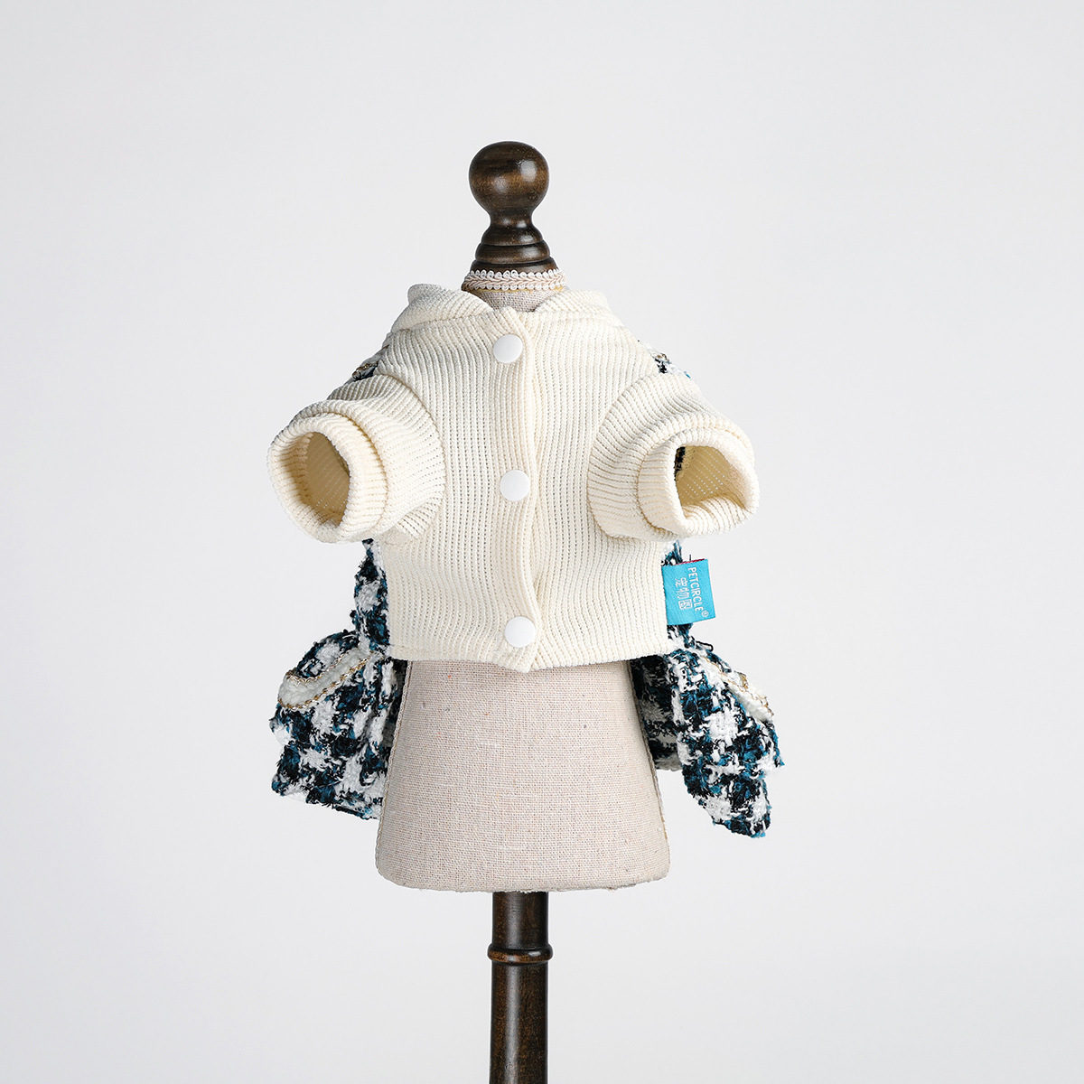 Bellepaw Pet Chanel-Style Blue & White Tweed Vest Dress with Lace Bow & Turtleneck Liner