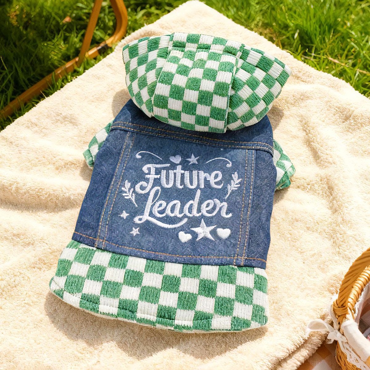 Bellepaw Pet "Super Star" Checkered Hooded Denim Vest