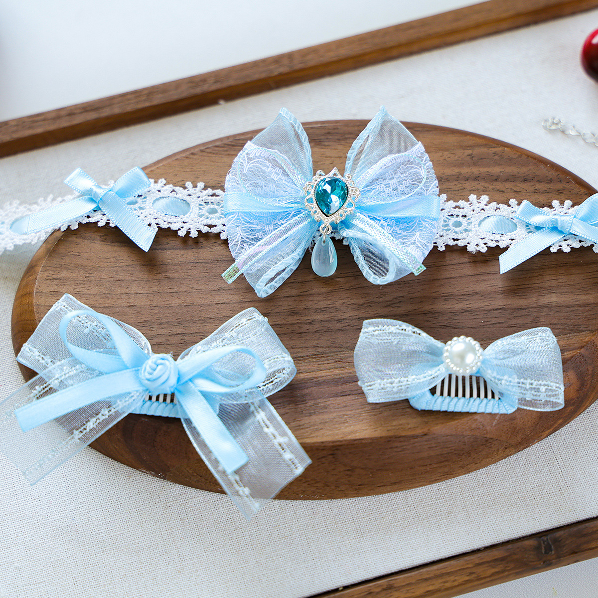 Bellepaw Pet Sky Blue Lace Bow Crystal Collar & Hair Clip 3-Piece Set