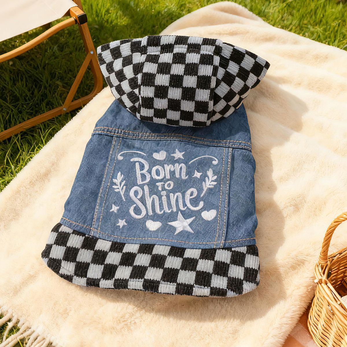 Bellepaw Pet "Super Star" Checkered Hooded Denim Vest