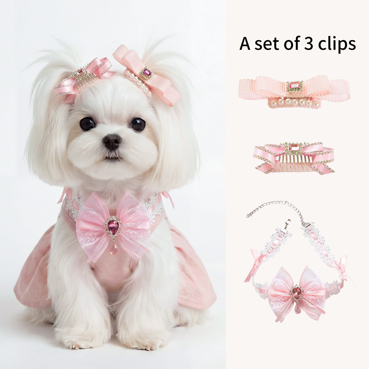 Bellepaw Pet Sky Blue Lace Bow Crystal Collar & Hair Clip 3-Piece Set