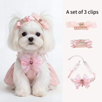 Bellepaw Pet Sky Blue Lace Bow Crystal Collar & Hair Clip 3-Piece Set