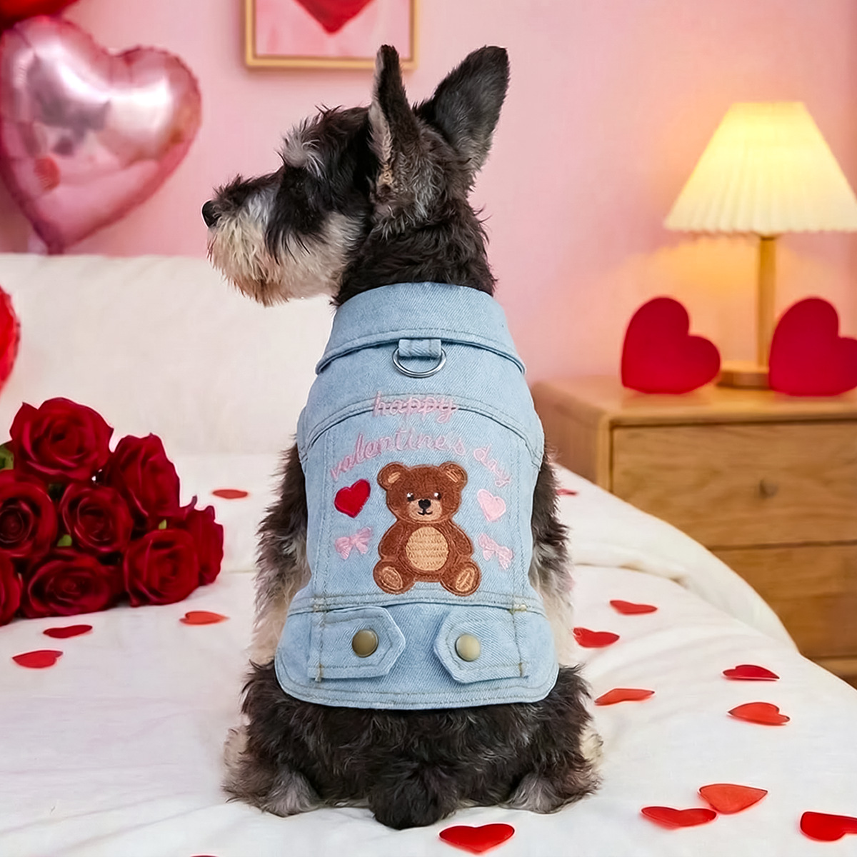 Bellepaw Pet Valentine's Day Teddy Bear Denim Vest