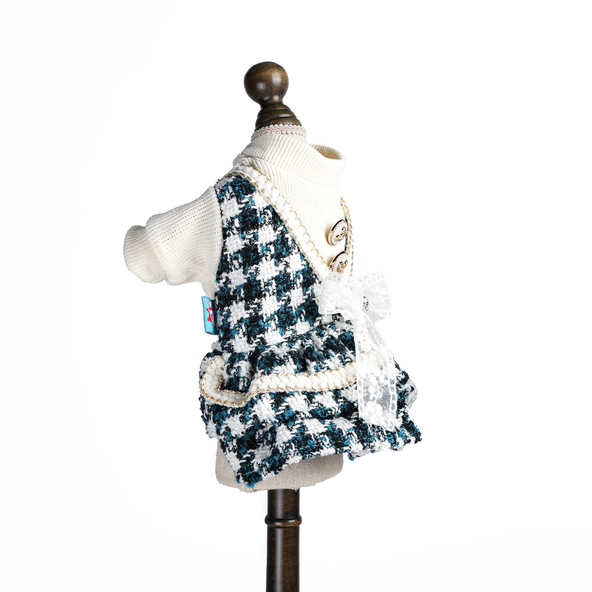 Bellepaw Pet Chanel-Style Blue & White Tweed Vest Dress with Lace Bow & Turtleneck Liner