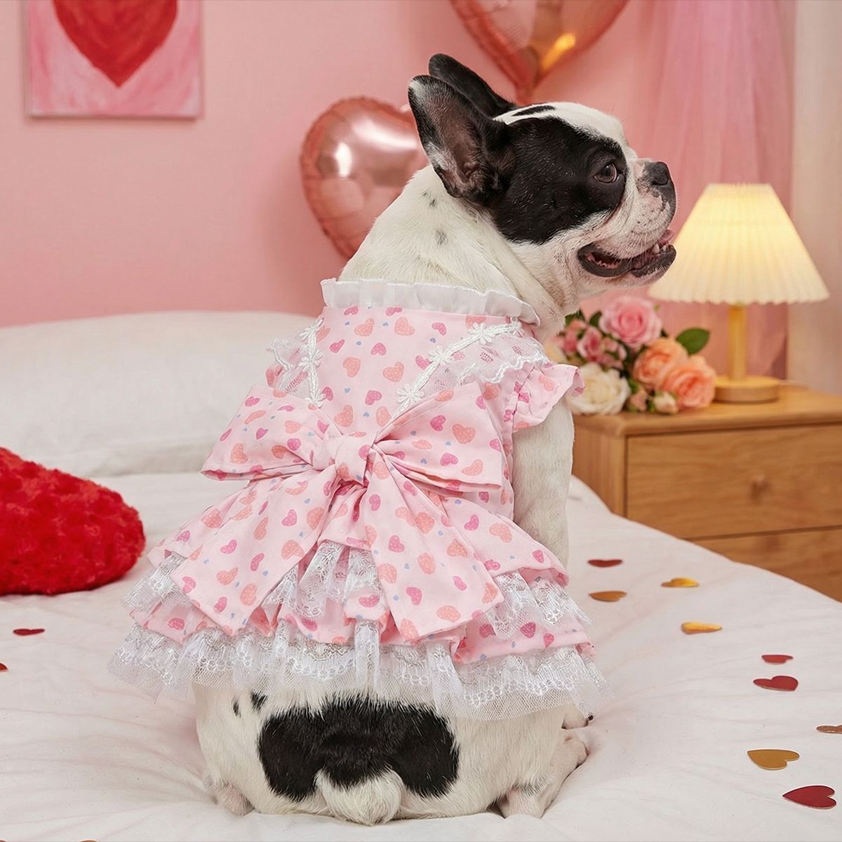 Bellepaw Pet Pink Heart Dot Lace Bow Dress