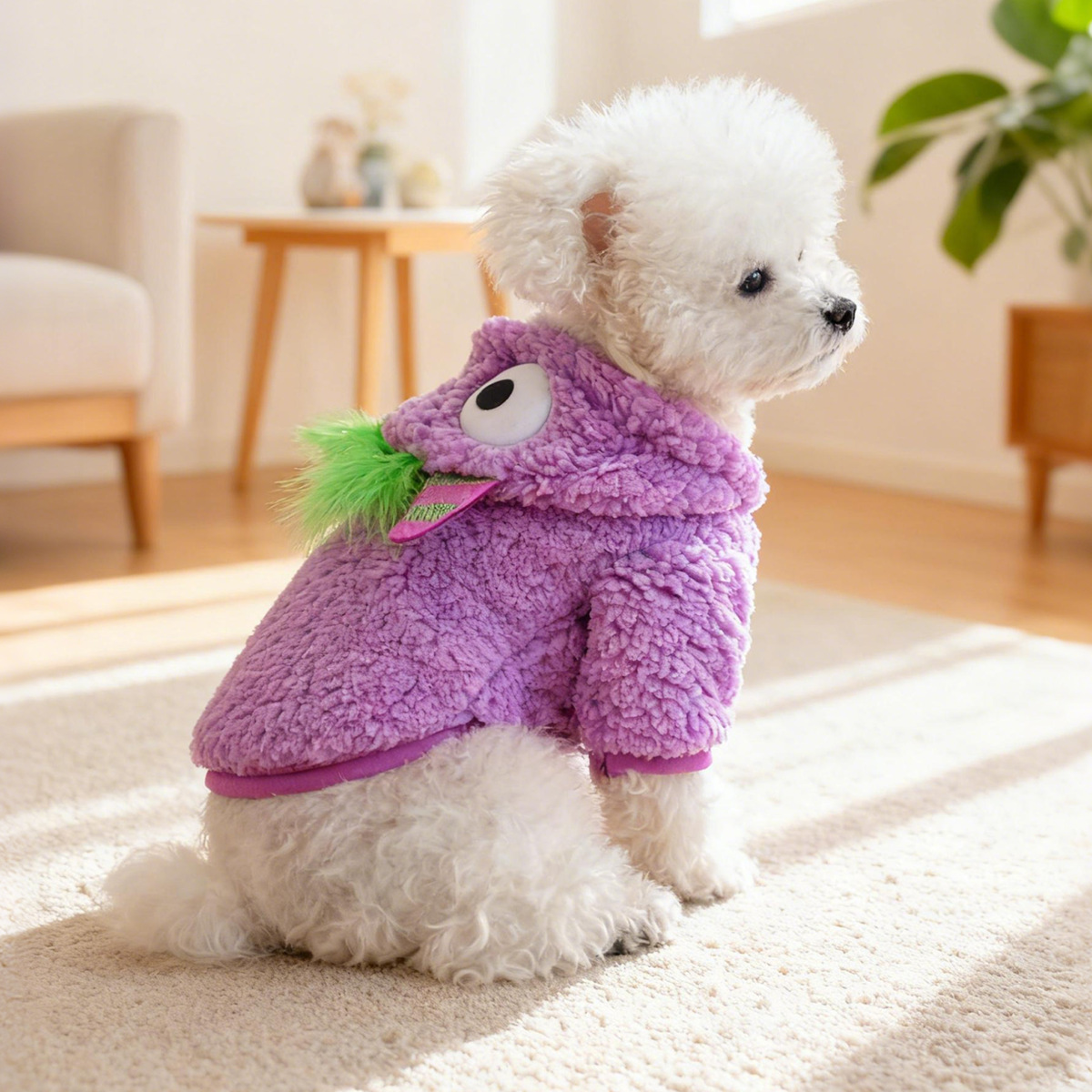 Bellepaw Pet Pink Fluffy Monster Sherpa Vest - Googly Eye & Yellow Feather  Design