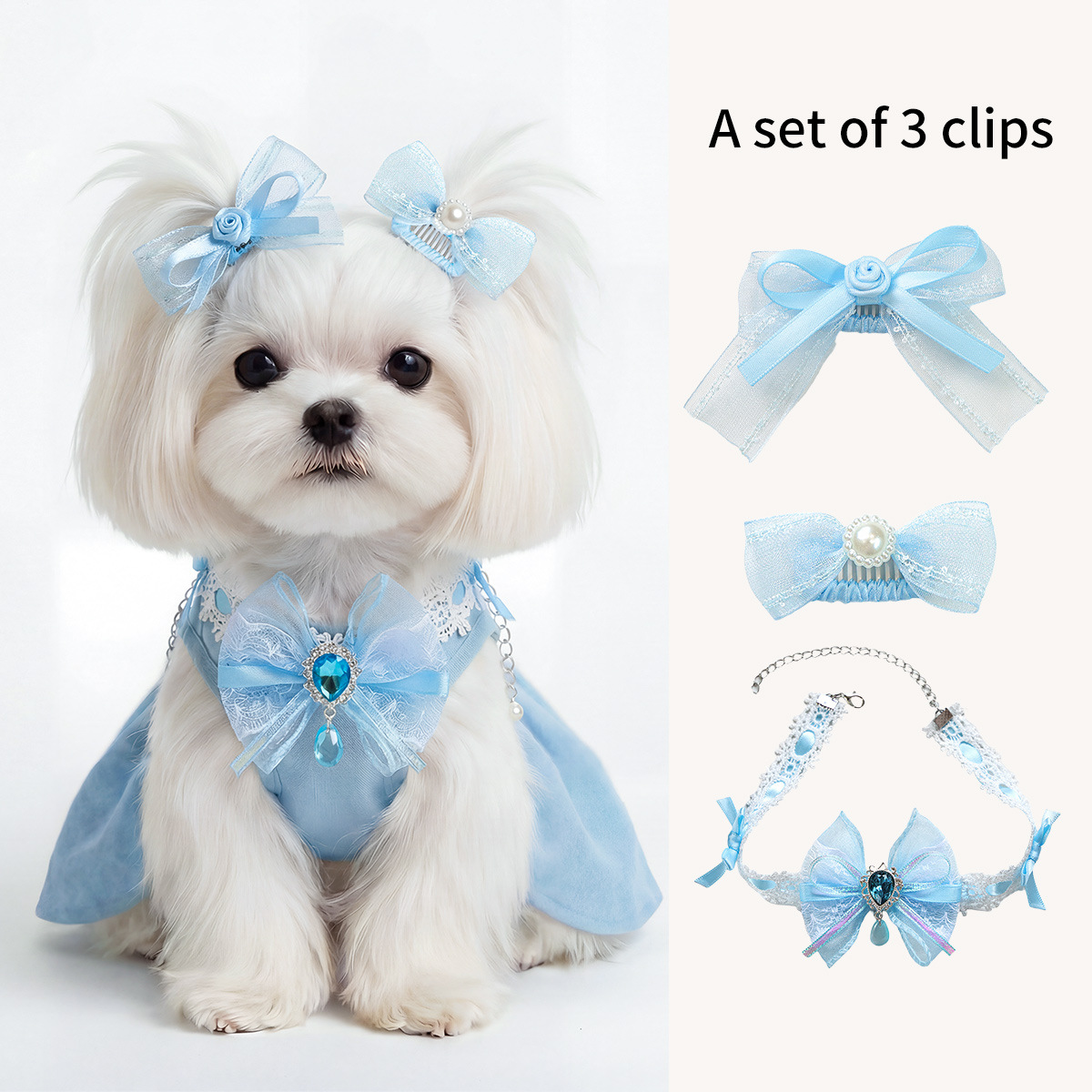 Bellepaw Pet Sky Blue Lace Bow Crystal Collar & Hair Clip 3-Piece Set