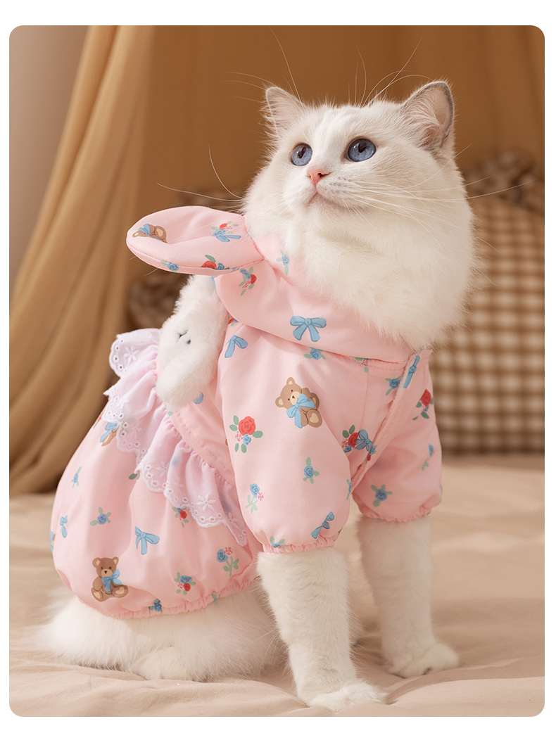Cute Bear-Print White Cotton Coat - Thickened Two-Legged Cat Clothing 