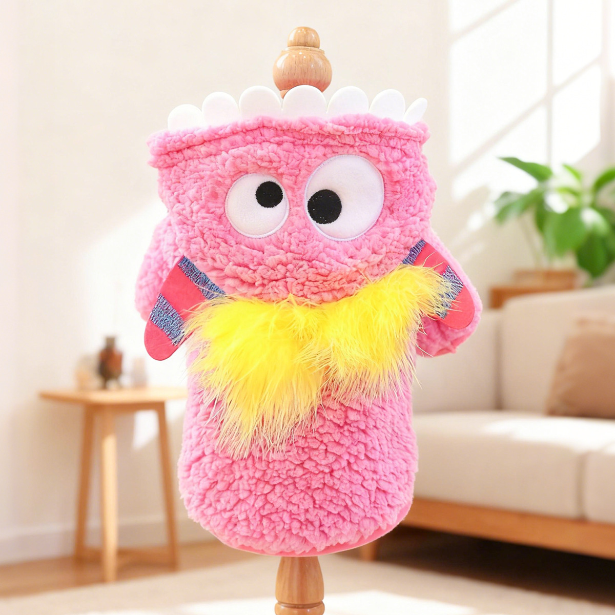 Bellepaw Pet Pink Fluffy Monster Sherpa Vest - Googly Eye & Yellow Feather  Design
