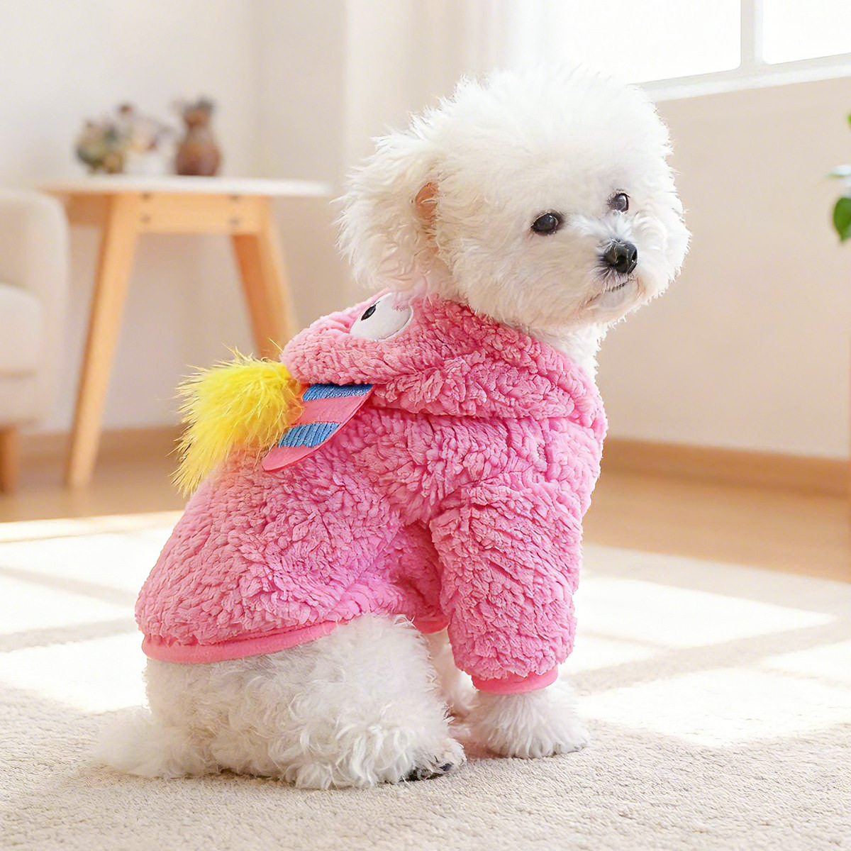 Bellepaw Pet Pink Fluffy Monster Sherpa Vest - Googly Eye & Yellow Feather  Design
