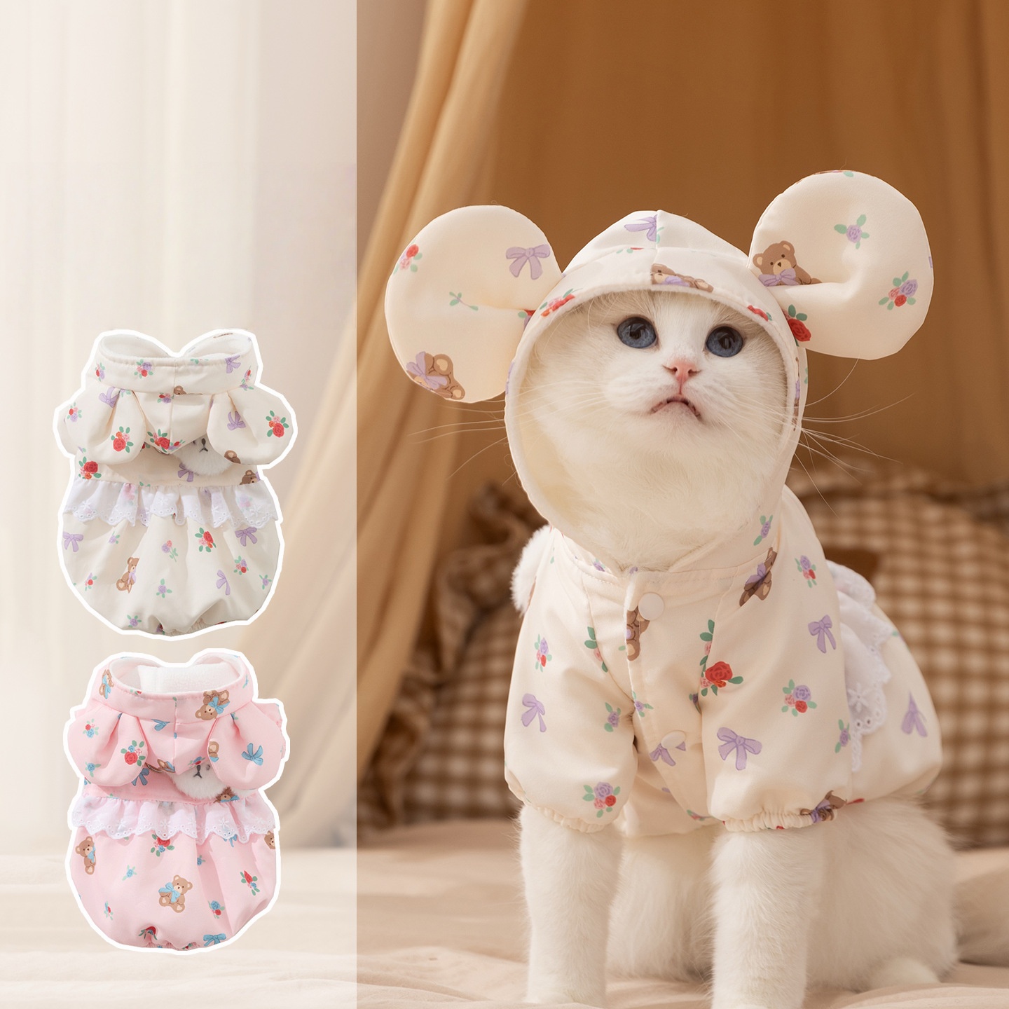 Cute Bear-Print White Cotton Coat - Thickened Two-Legged Cat Clothing 