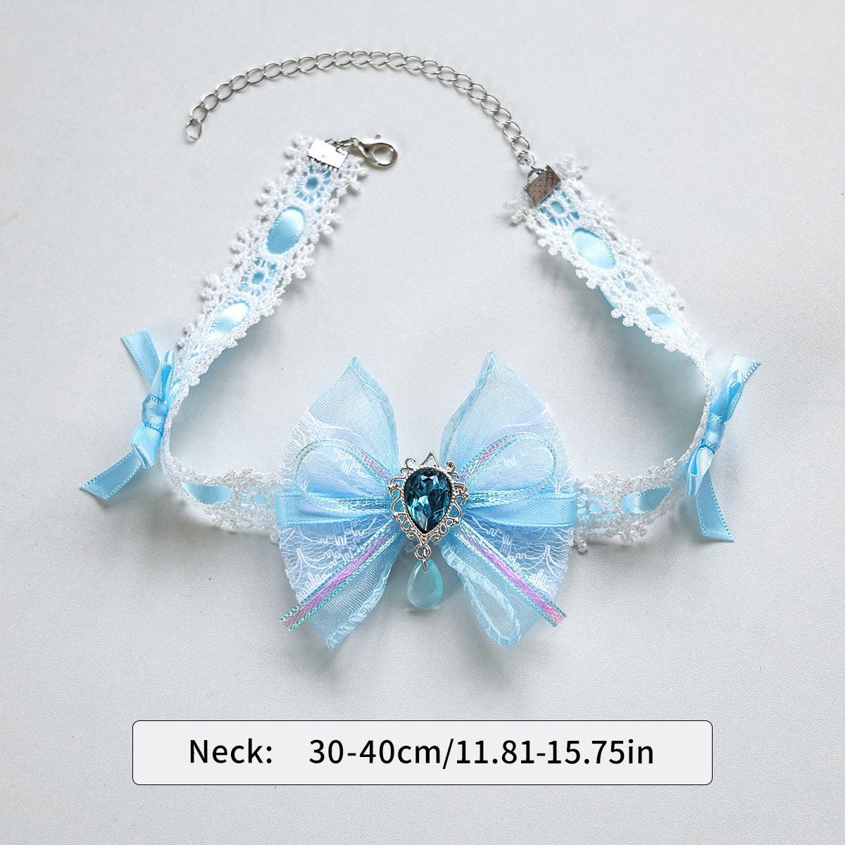 Bellepaw Pet Sky Blue Lace Bow Crystal Collar & Hair Clip 3-Piece Set