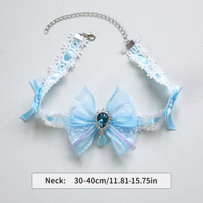 Bellepaw Pet Sky Blue Lace Bow Crystal Collar & Hair Clip 3-Piece Set