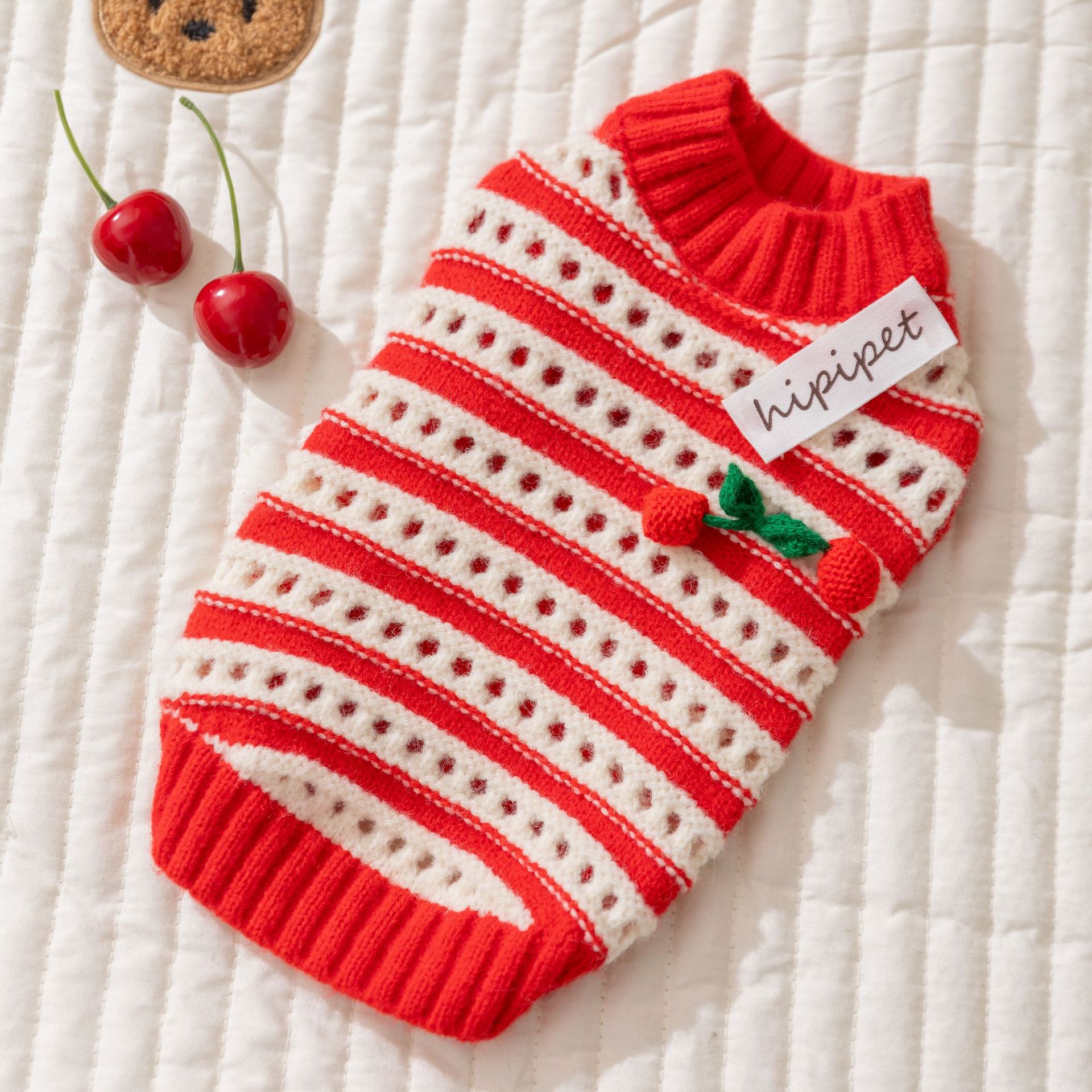 Red Cherry Knitted Sweater - Thickened Warm Two-Legged Pet Clothing for Kittens & Small Cats (Spring & Autumn)-BELLEPAW