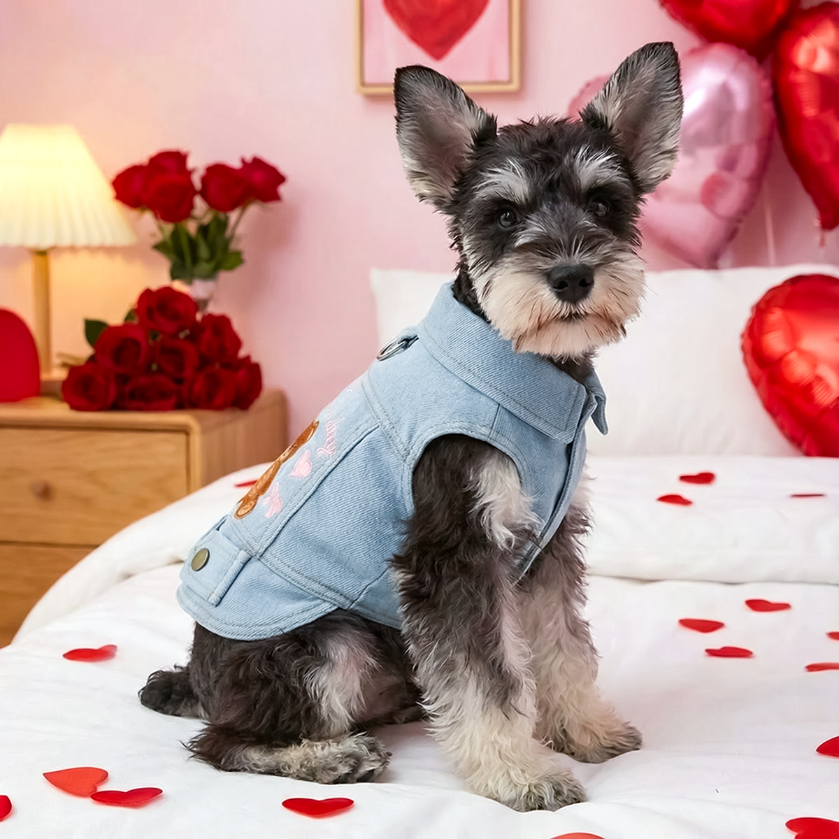 Bellepaw Pet Valentine's Day Teddy Bear Denim Vest