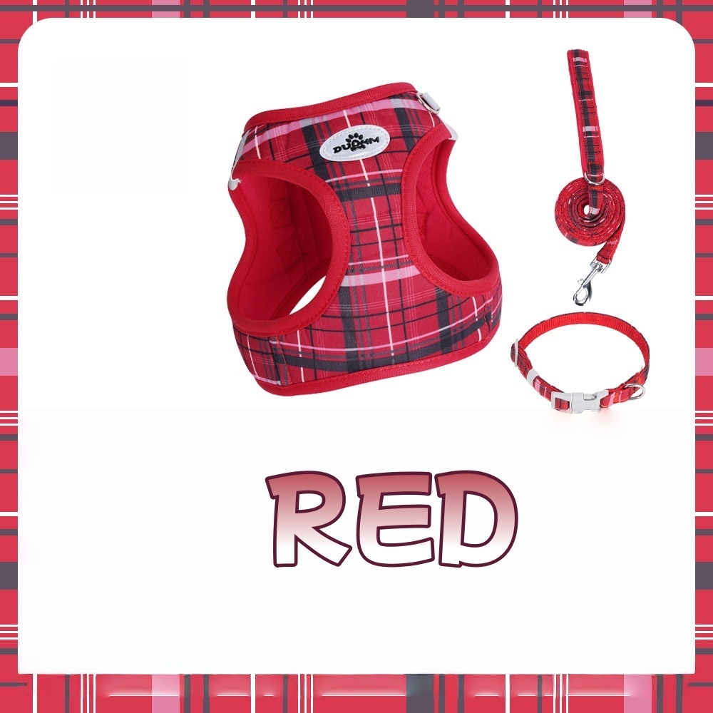 Classic Plaid Dog Leash & Harness - 3-Piece Pressure-Relief Vest Style