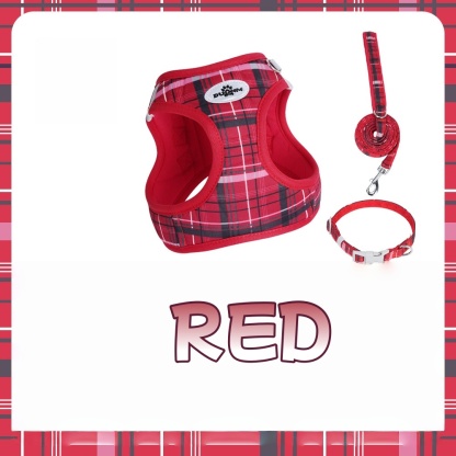 Classic Plaid Dog Leash & Harness - 3-Piece Pressure-Relief Vest Style