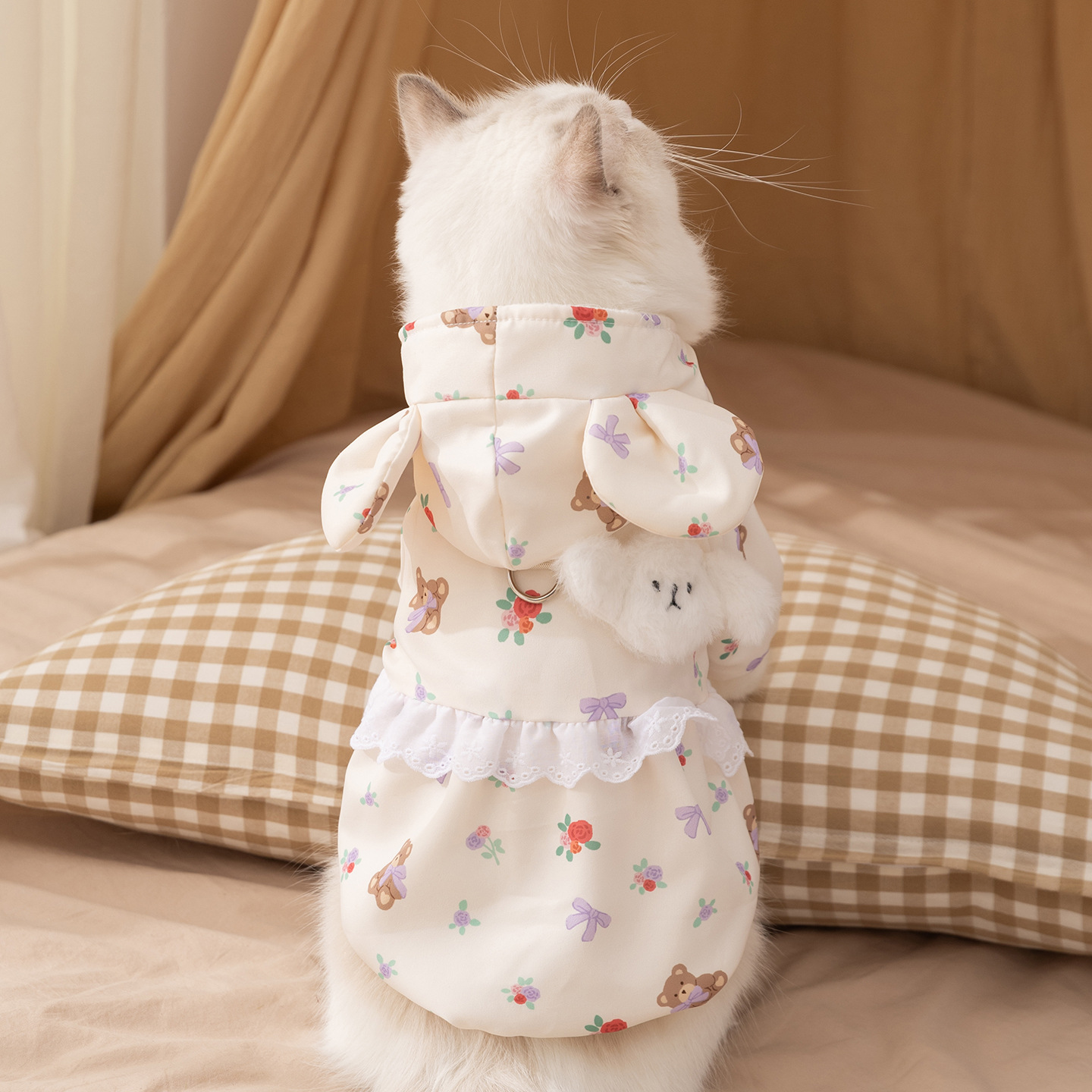Cute Bear-Print White Cotton Coat - Thickened Two-Legged Cat Clothing 