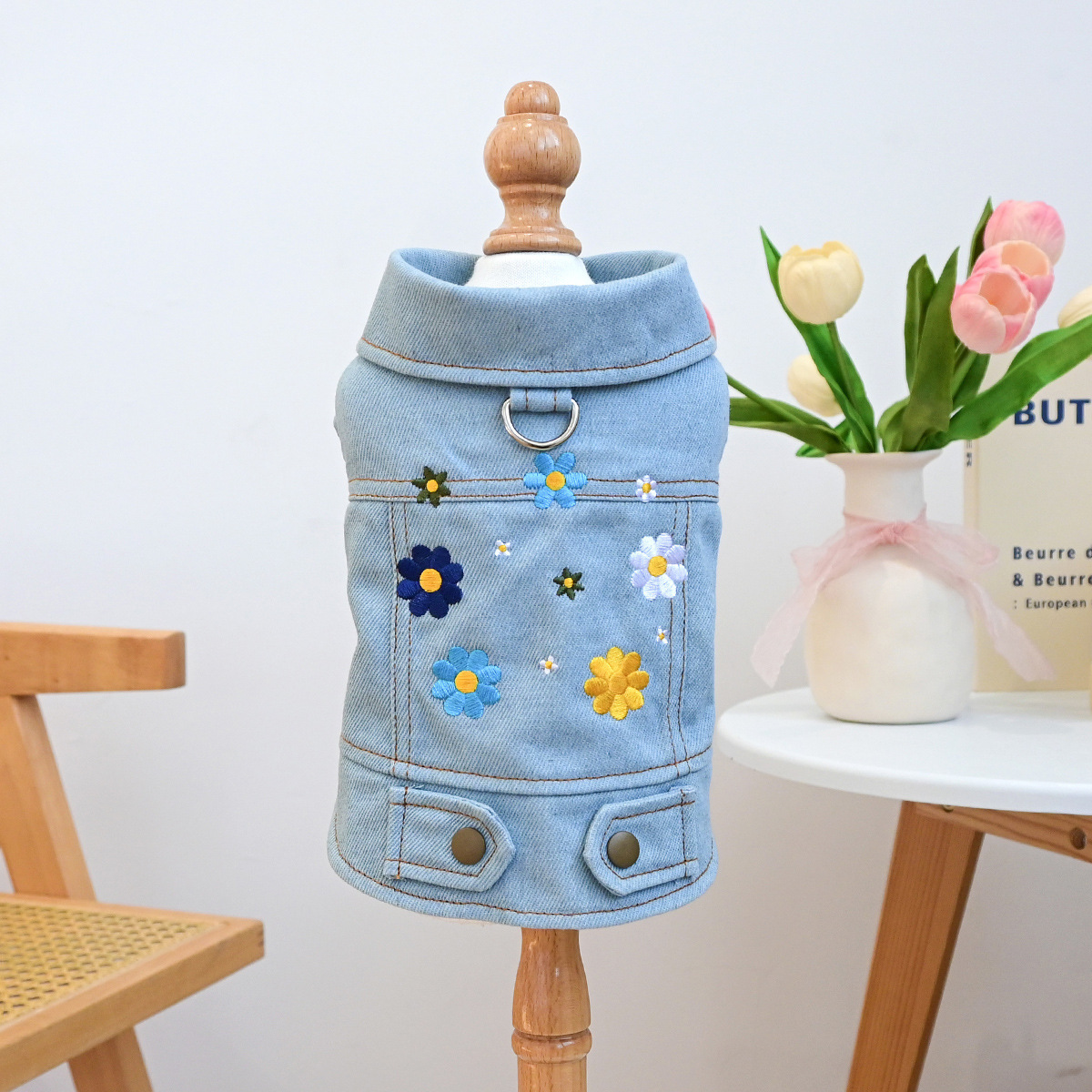 Bellepaw Pet Light Denim Vest - "Mama's Bestie" Embroidered Design with Leash D-Ring