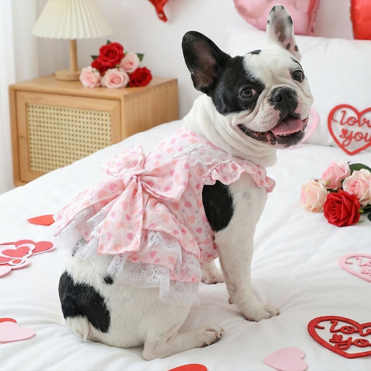 Bellepaw Pet Pink Heart Dot Lace Bow Dress