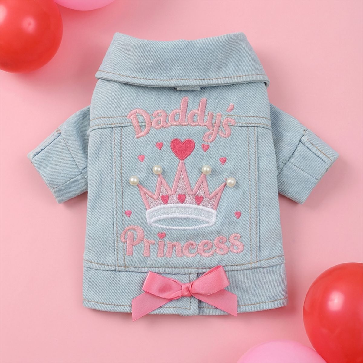 Bellepaw Pet Light Denim Jacket - "Daddy's Princess" Embroidered Design with Crown & Pink Bow Accents