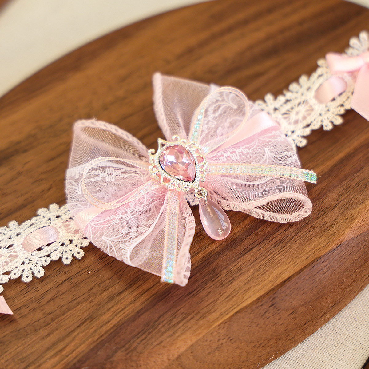 Bellepaw Pet Pink Lace Bow Crystal Decorative Collar