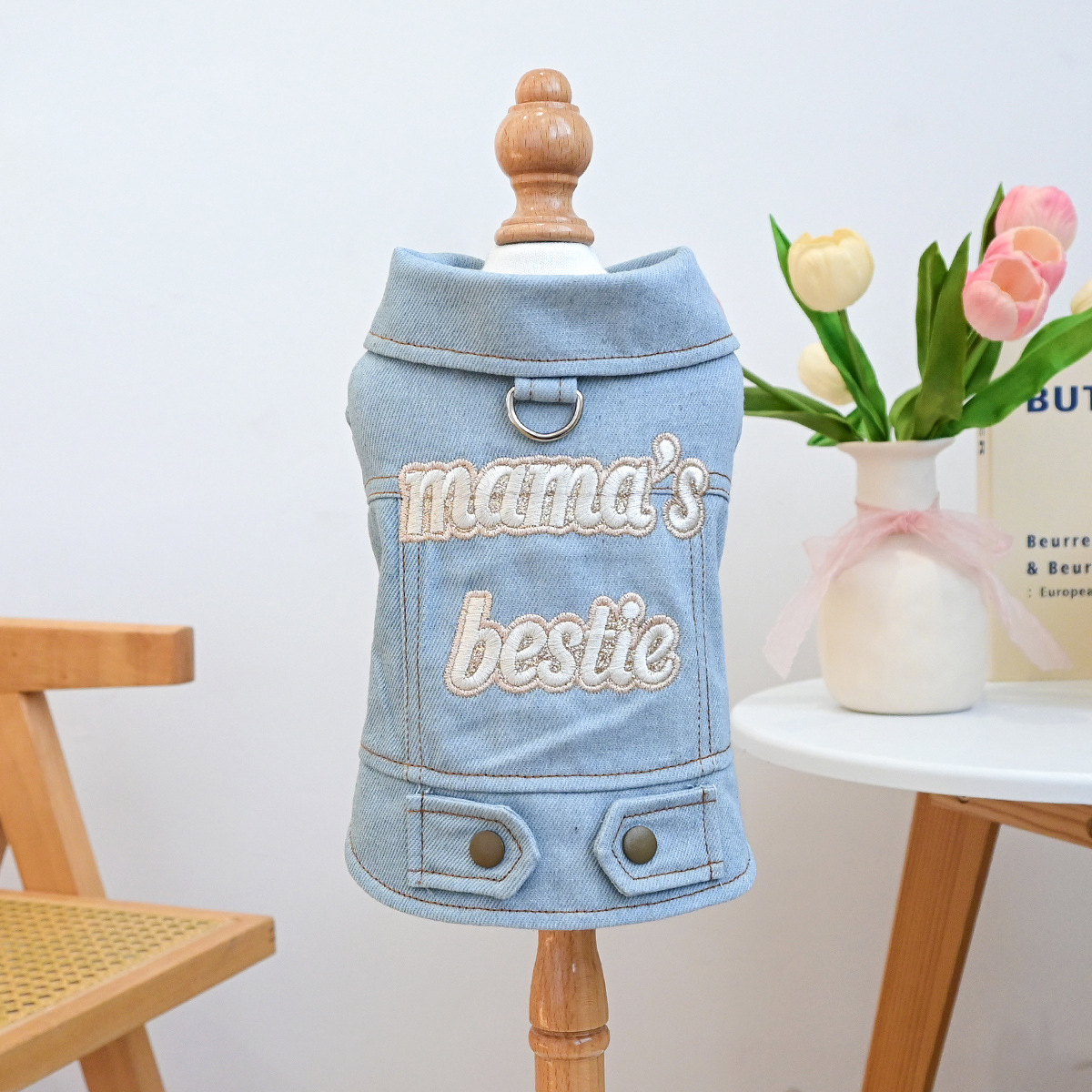Bellepaw Pet Light Denim Vest - "Mama's Bestie" Embroidered Design with Leash D-Ring