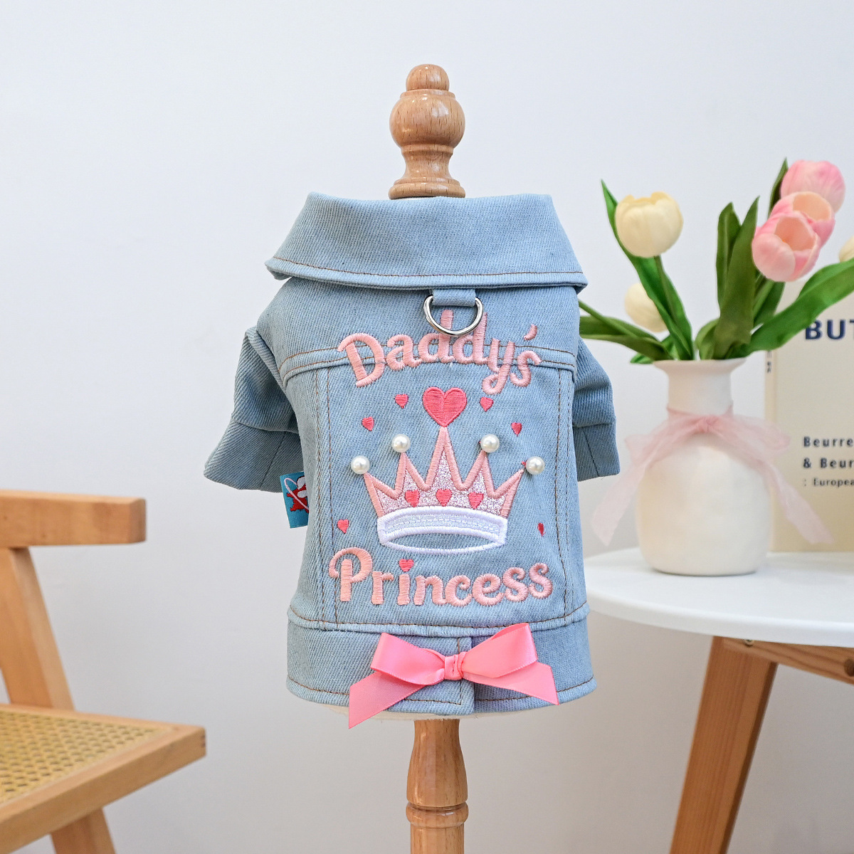 Bellepaw Pet Light Denim Jacket - "Daddy's Princess" Embroidered Design with Crown & Pink Bow Accents