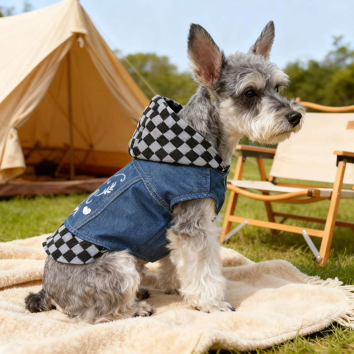 Bellepaw Pet "Super Star" Checkered Hooded Denim Vest