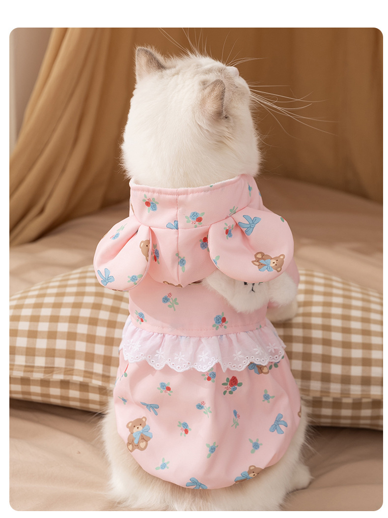 Cute Bear-Print White Cotton Coat - Thickened Two-Legged Cat Clothing 