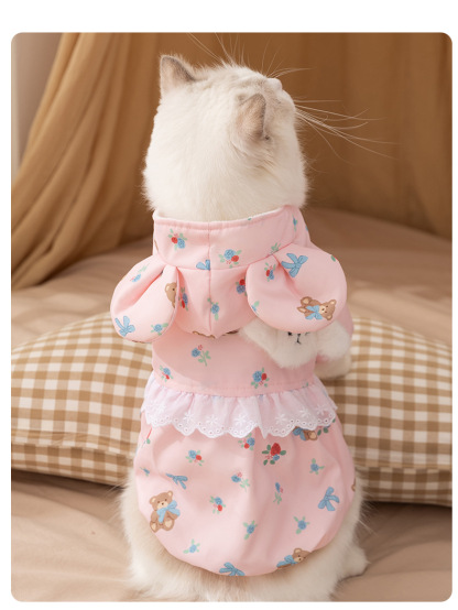 Cute Bear-Print White Cotton Coat - Thickened Two-Legged Cat Clothing 