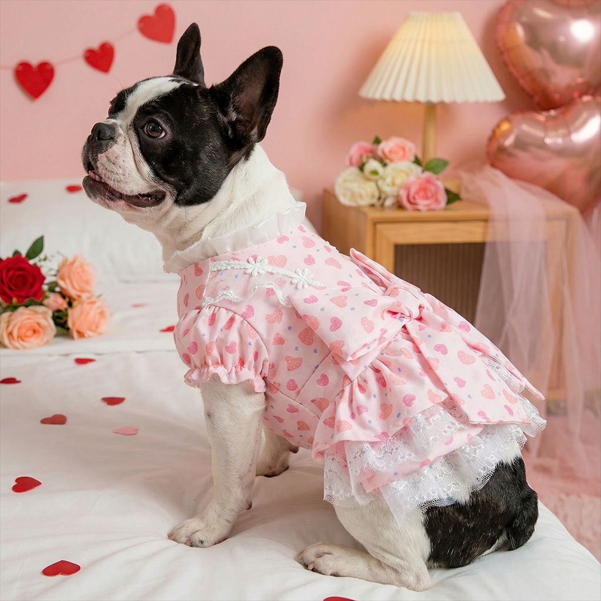 Bellepaw Pet Pink Heart Dot Lace Bow Dress