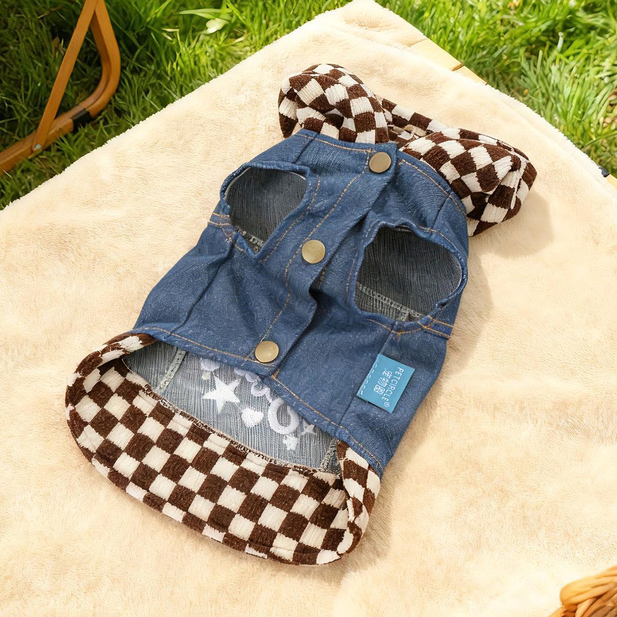 Bellepaw Pet "Super Star" Checkered Hooded Denim Vest