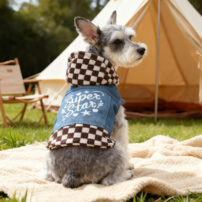 Bellepaw Pet "Super Star" Checkered Hooded Denim Vest