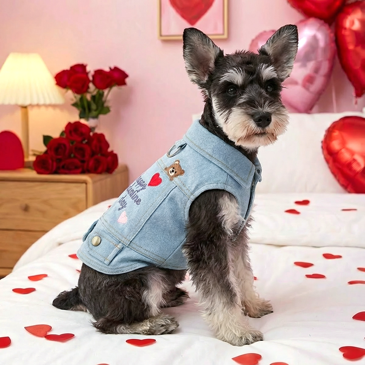 Bellepaw Pet Valentine's Day Teddy Bear Denim Vest