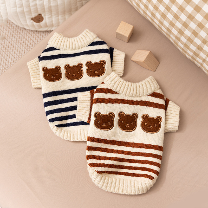 Bellepaw Pet Striped Triple Bear Knit Sweater