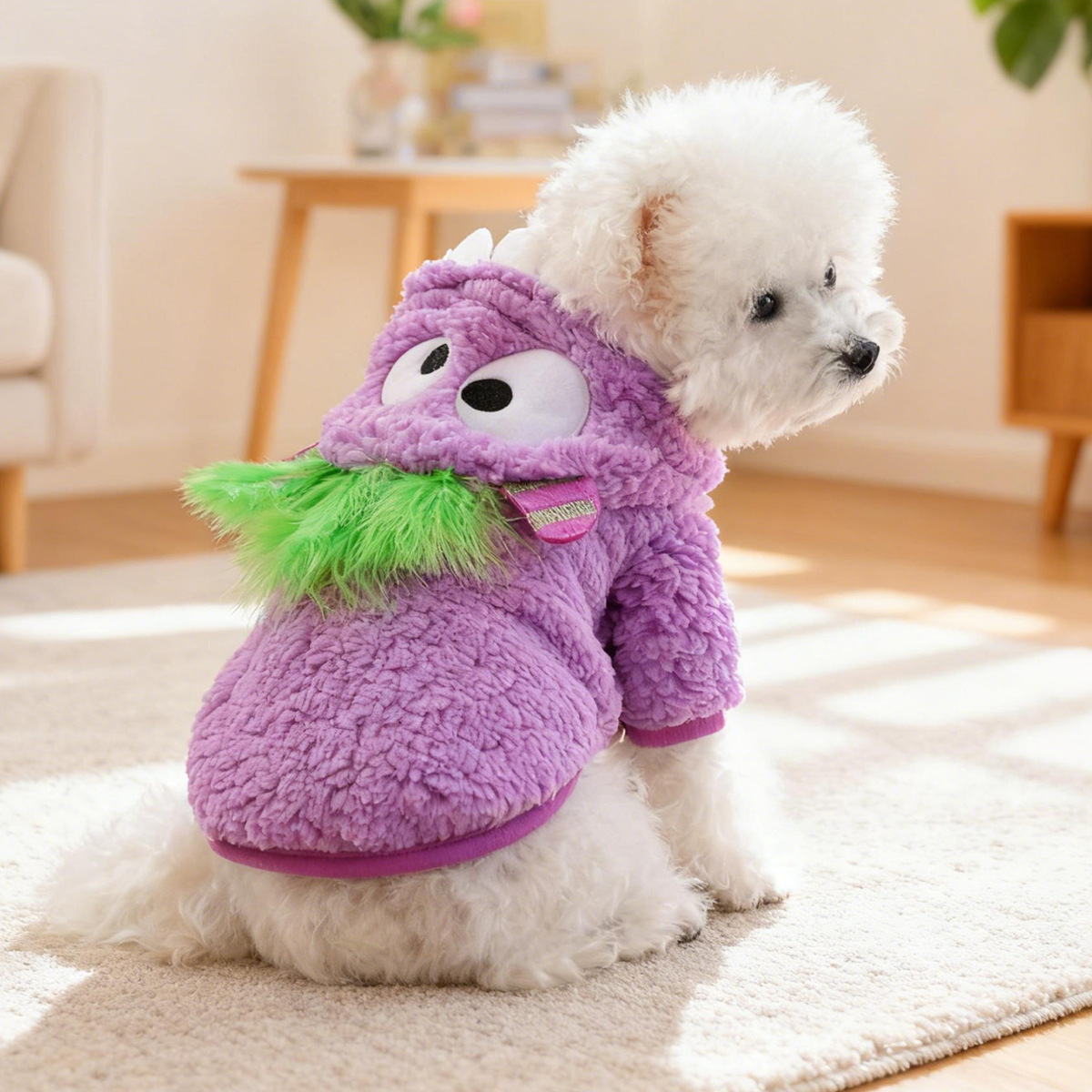 Bellepaw Pet Pink Fluffy Monster Sherpa Vest - Googly Eye & Yellow Feather Design