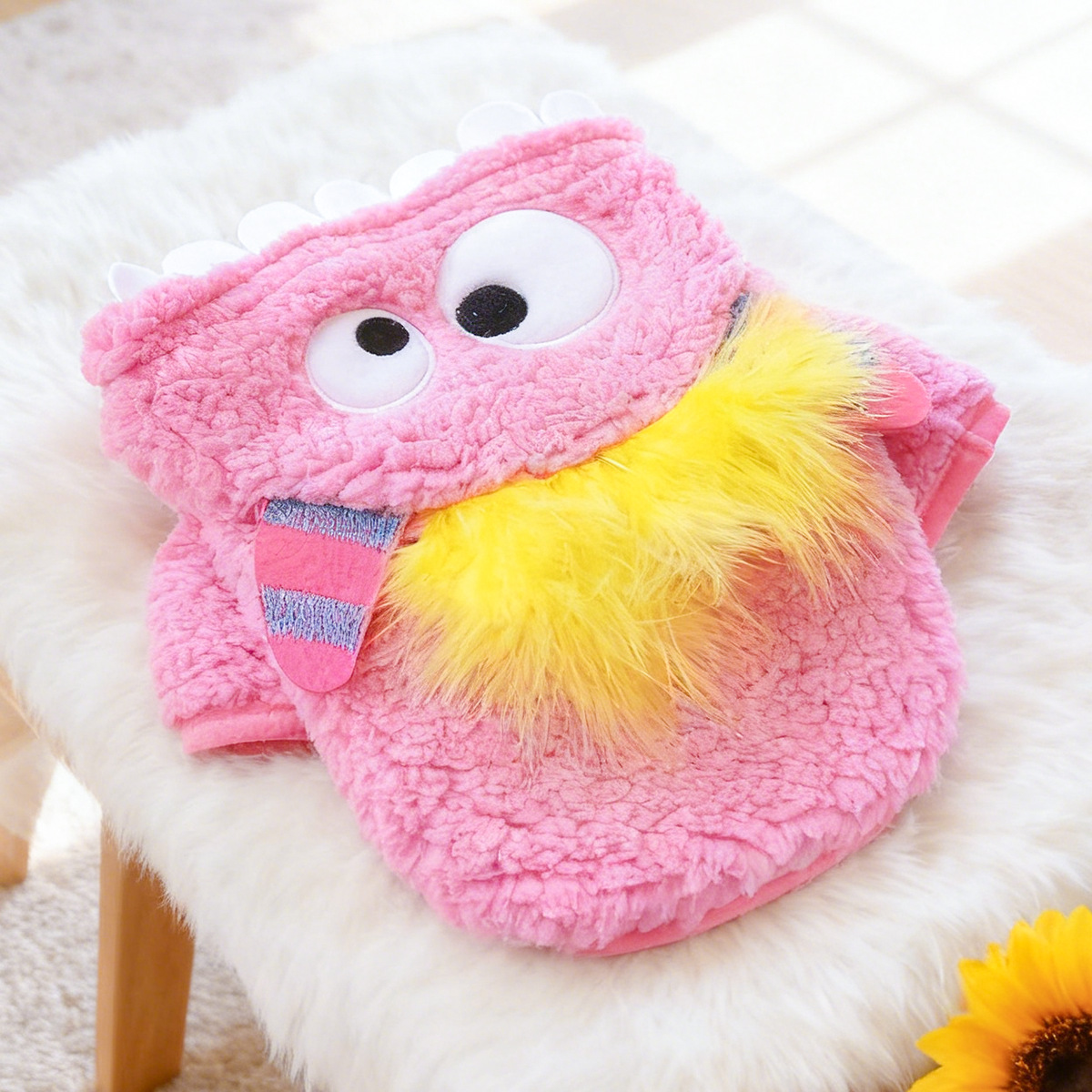 Bellepaw Pet Pink Fluffy Monster Sherpa Vest - Googly Eye & Yellow Feather  Design
