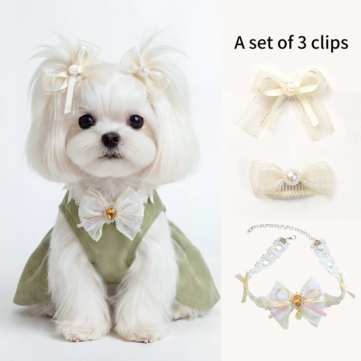 Bellepaw Pet Sky Blue Lace Bow Crystal Collar & Hair Clip 3-Piece Set