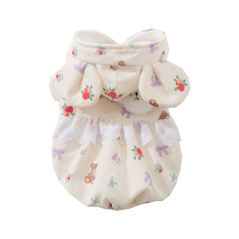 Cute Bear-Print White Cotton Coat - Thickened Two-Legged Cat Clothing 