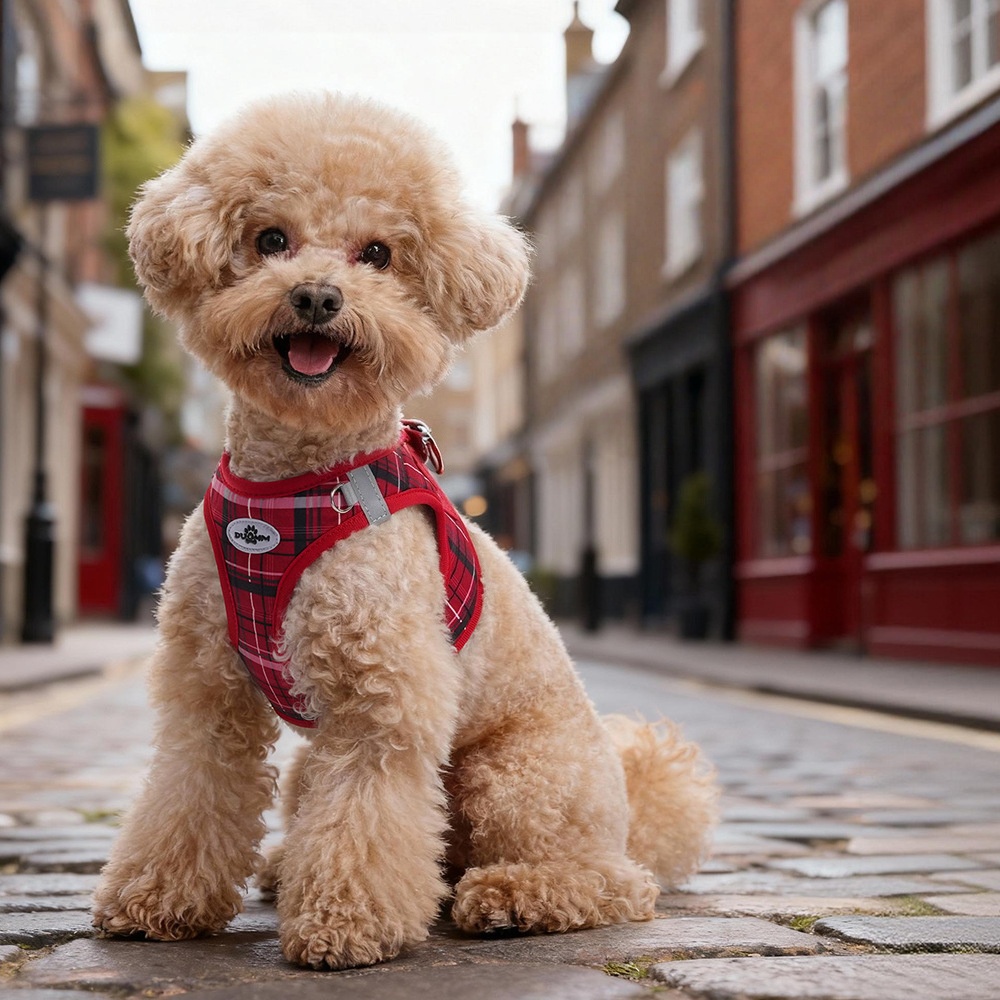 Classic Plaid Dog Leash & Harness - 3-Piece Pressure-Relief Vest Style