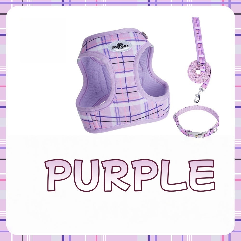 Classic Plaid Dog Leash & Harness - 3-Piece Pressure-Relief Vest Style