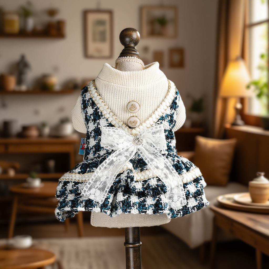 Bellepaw Pet Chanel-Style Blue & White Tweed Vest Dress with Lace Bow & Turtleneck Liner