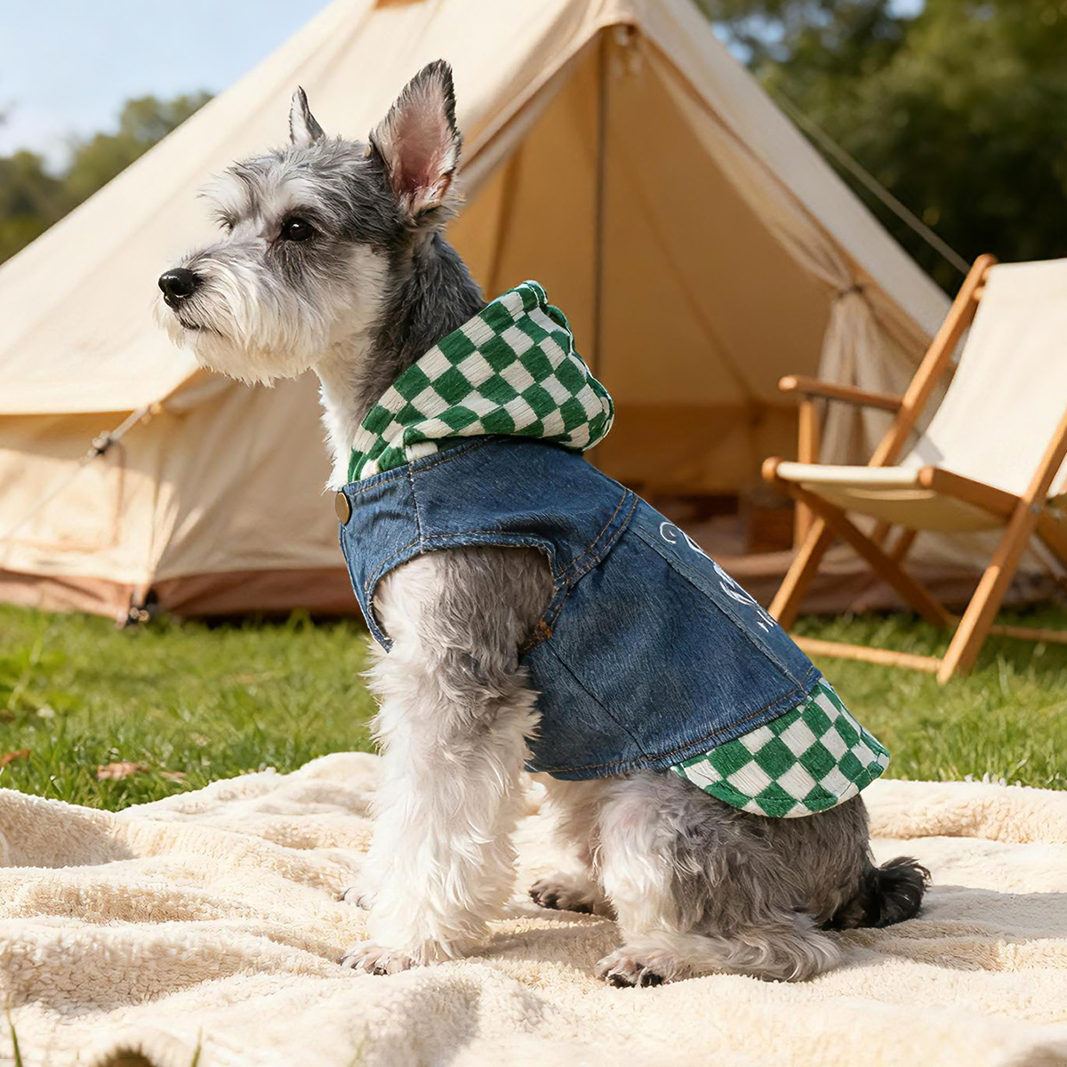 Bellepaw Pet "Super Star" Checkered Hooded Denim Vest