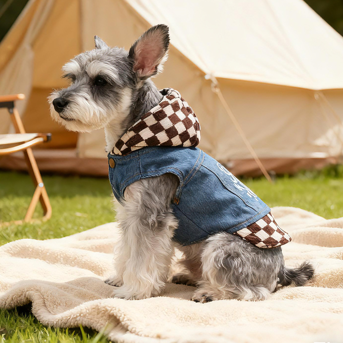 Bellepaw Pet "Super Star" Checkered Hooded Denim Vest